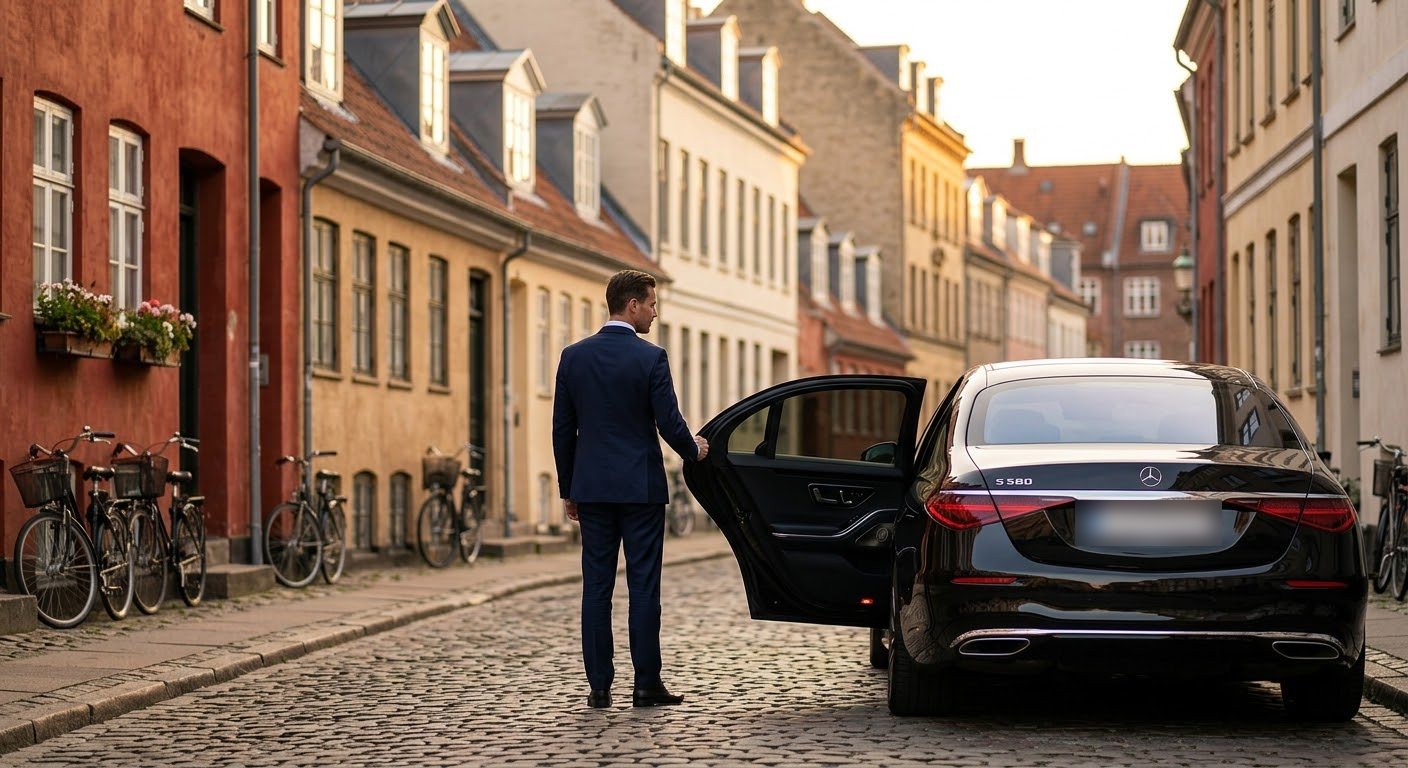 Chauffør åbner døren til en Mercedes S-Klasse i København